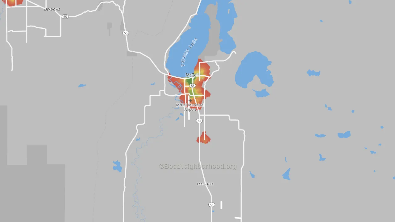 Walk Grade map of 83638, ID, walkable areas in green and car-dependent areas in red