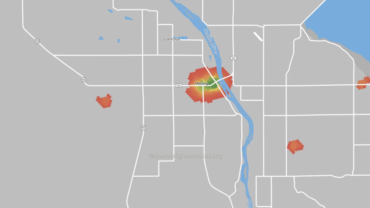 Walk Grade map of 83639, ID, walkable areas in green and car-dependent areas in red