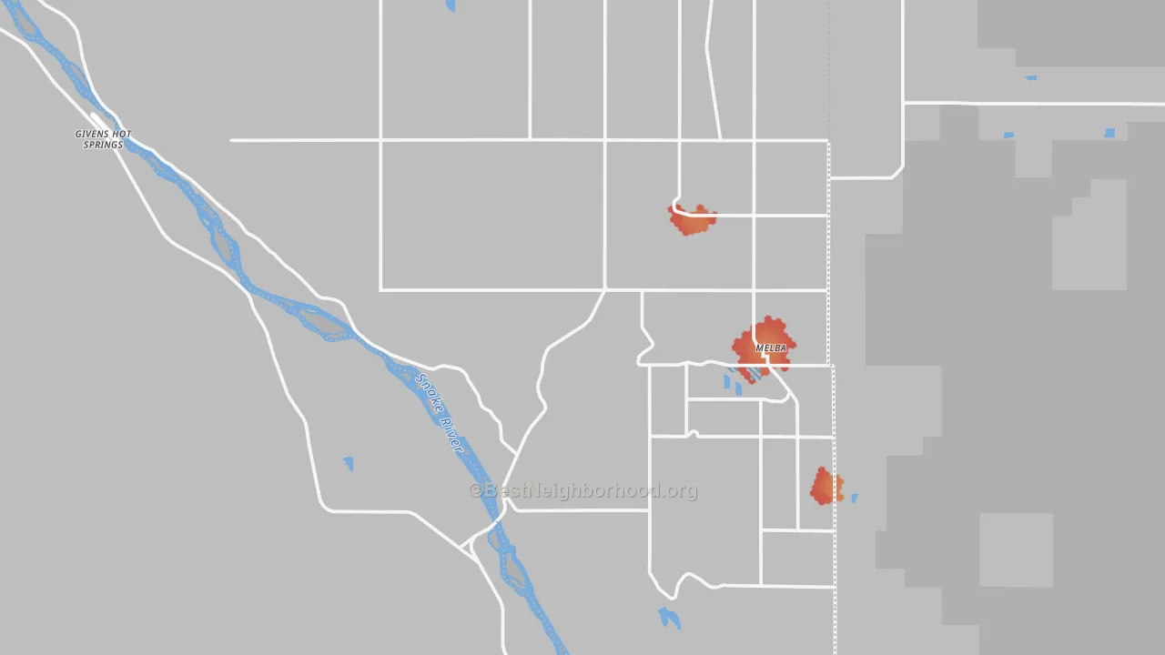 Walk Grade map of 83641, ID, walkable areas in green and car-dependent areas in red