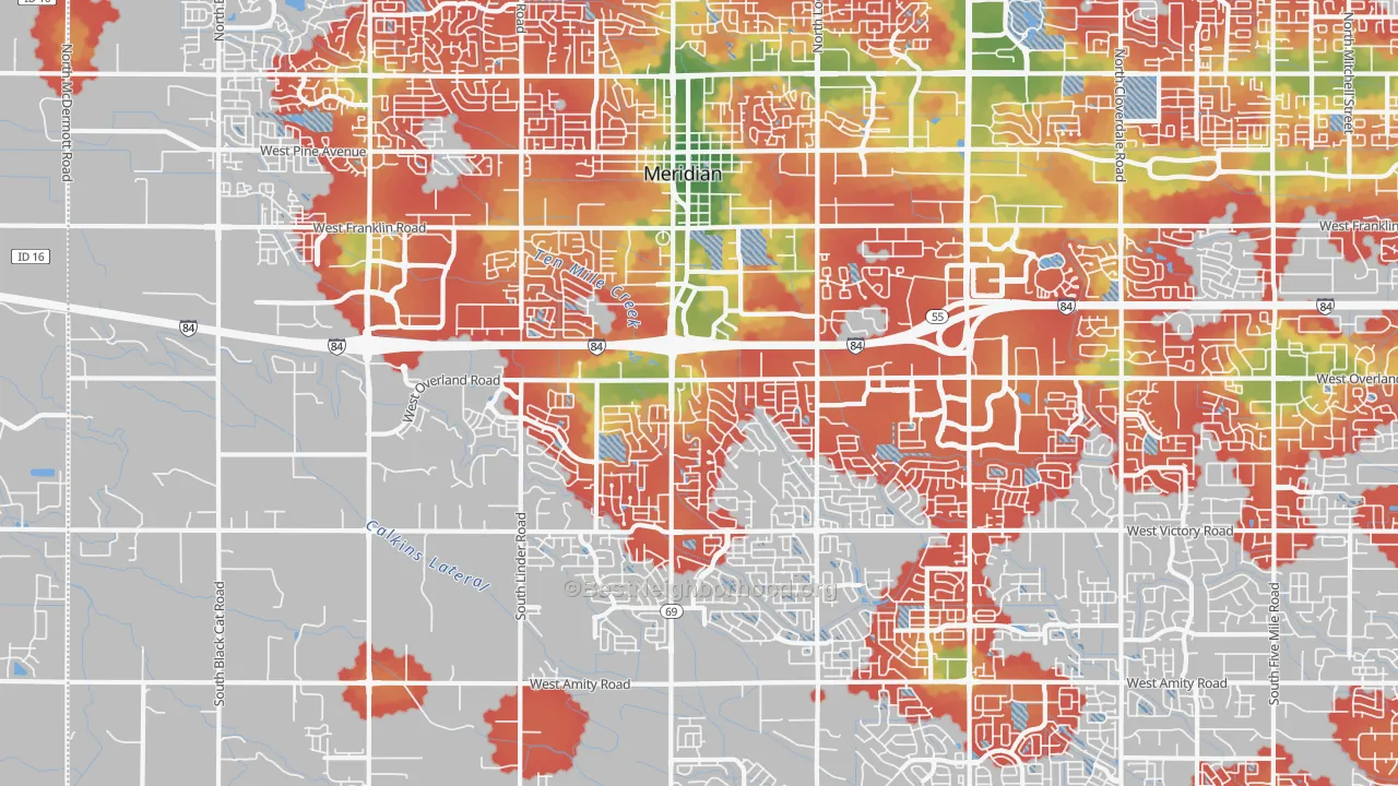 Walk Grade map of 83642, ID, walkable areas in green and car-dependent areas in red