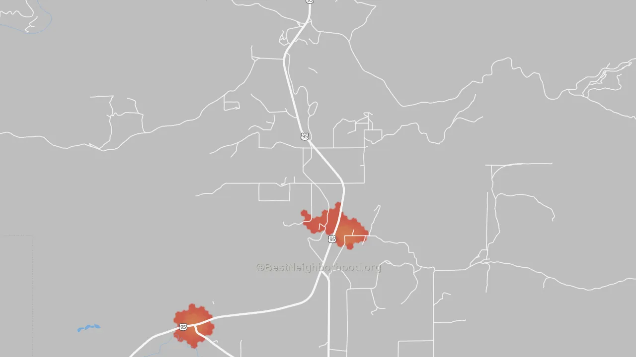Walk Grade map of 83643, ID, walkable areas in green and car-dependent areas in red