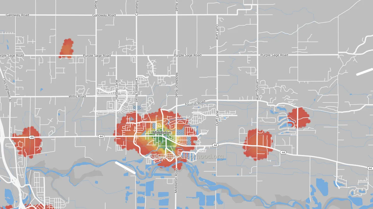 Walk Grade map of 83644, ID, walkable areas in green and car-dependent areas in red