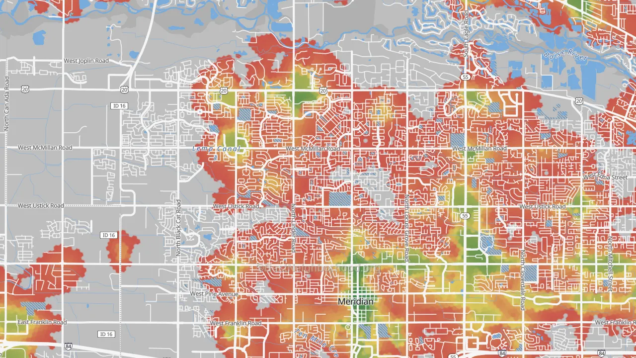 Walk Grade map of 83646, ID, walkable areas in green and car-dependent areas in red