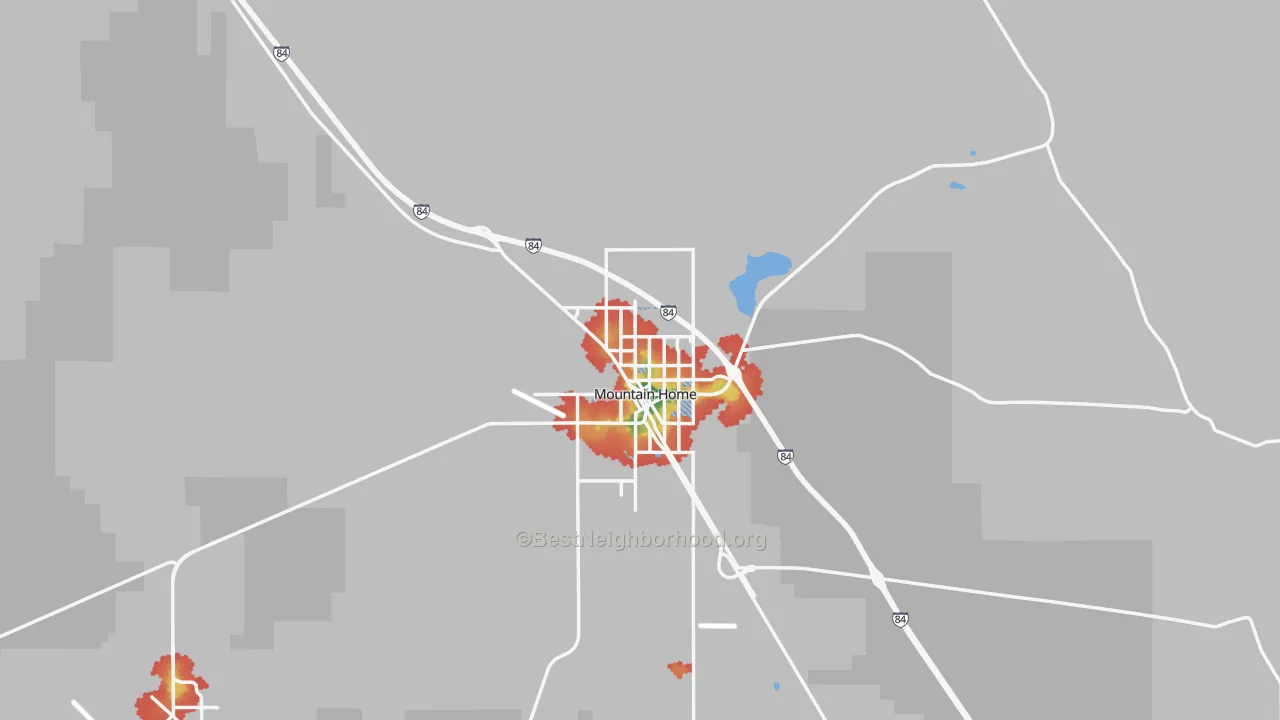 Walk Grade map of 83647, ID, walkable areas in green and car-dependent areas in red