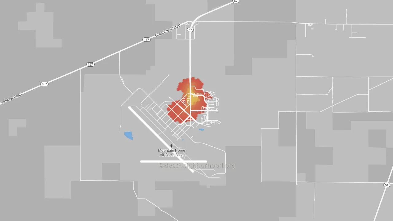 Walk Grade map of 83648, ID, walkable areas in green and car-dependent areas in red