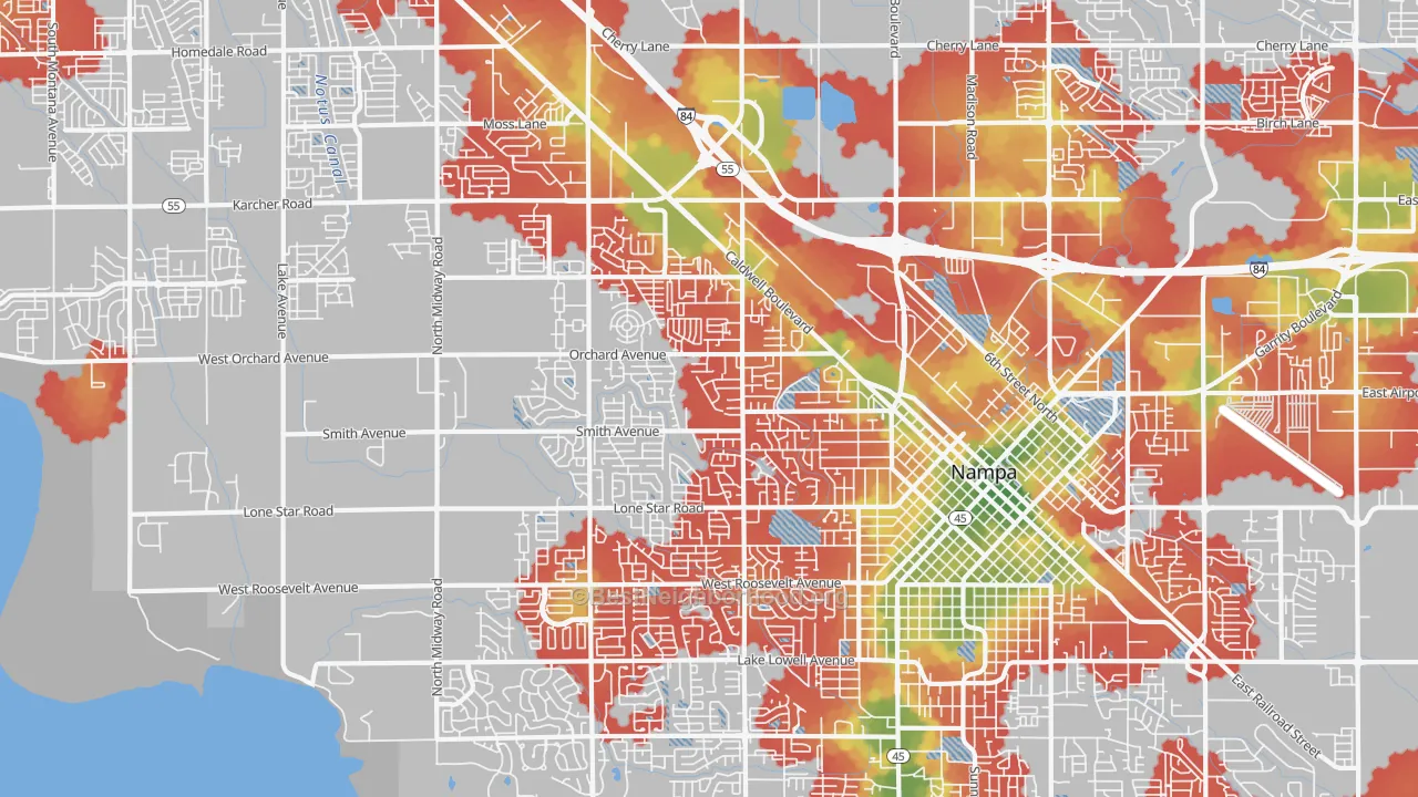 Walk Grade map of 83651, ID, walkable areas in green and car-dependent areas in red