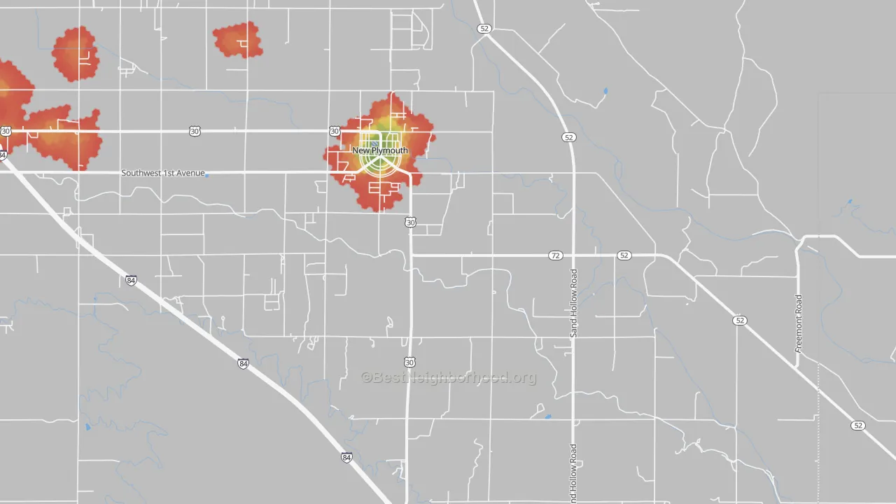 Walk Grade map of 83655, ID, walkable areas in green and car-dependent areas in red