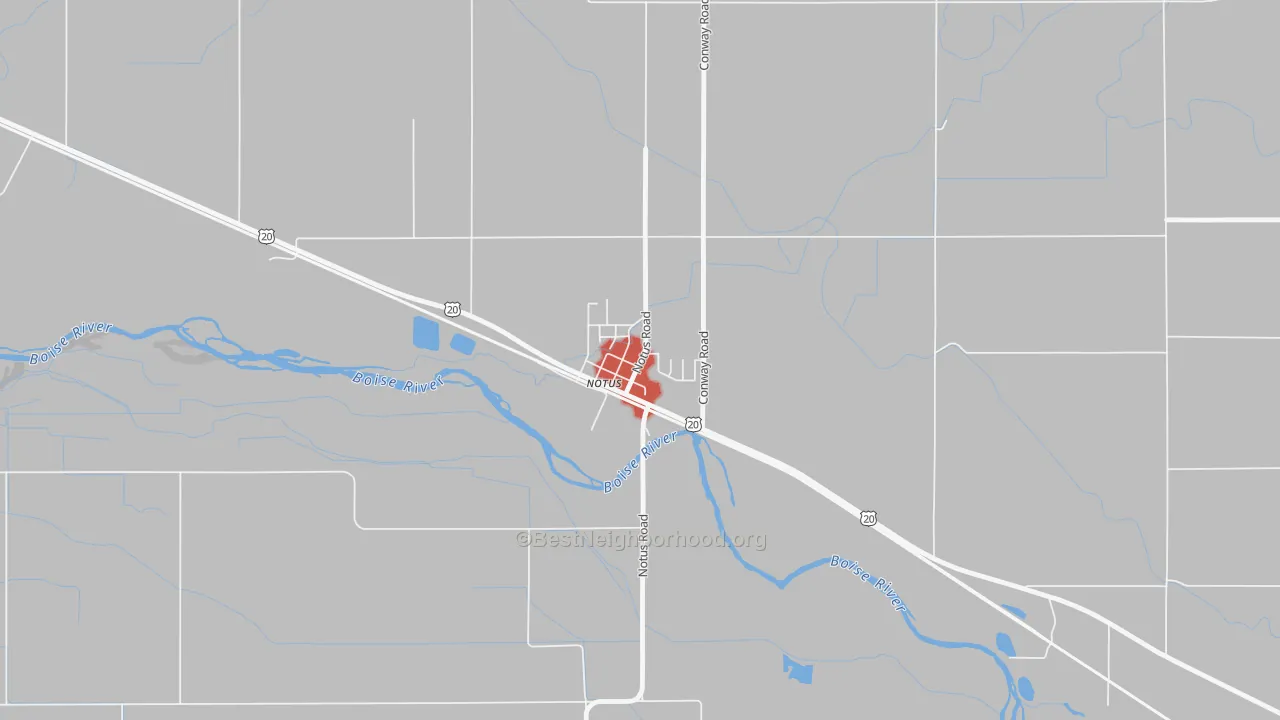 Walk Grade map of 83656, ID, walkable areas in green and car-dependent areas in red