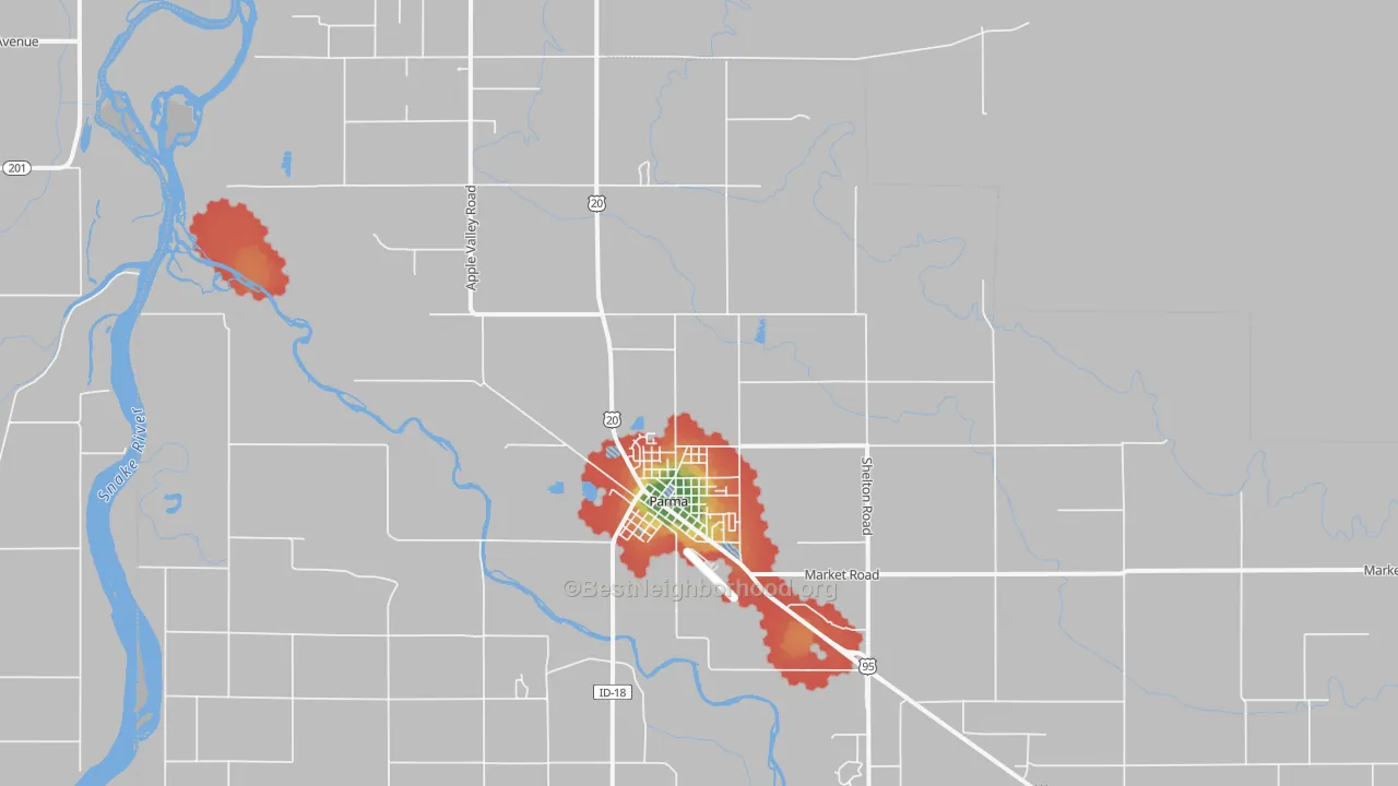 Walk Grade map of 83660, ID, walkable areas in green and car-dependent areas in red