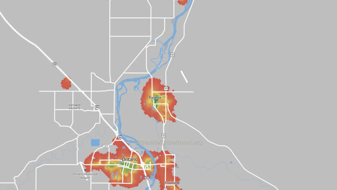 Walk Grade map of 83661, ID, walkable areas in green and car-dependent areas in red