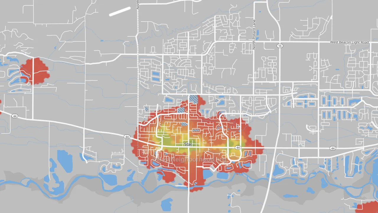 Walk Grade map of 83669, ID, walkable areas in green and car-dependent areas in red