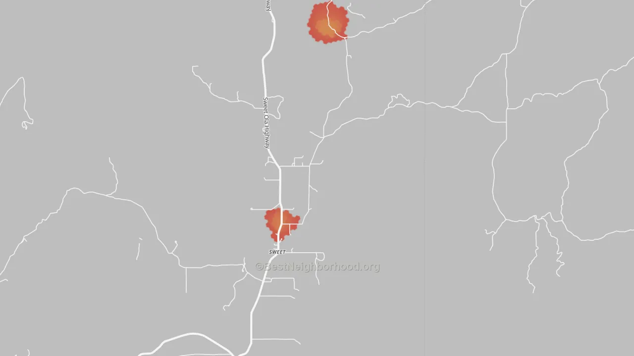 Walk Grade map of 83670, ID, walkable areas in green and car-dependent areas in red