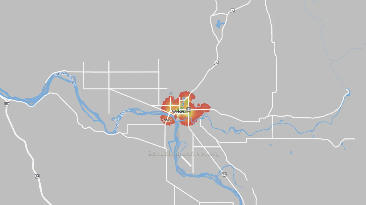 Walk Grade map of 83672, ID, walkable areas in green and car-dependent areas in red