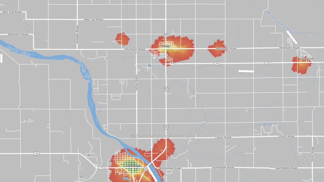 Walk Grade map of 83676, ID, walkable areas in green and car-dependent areas in red