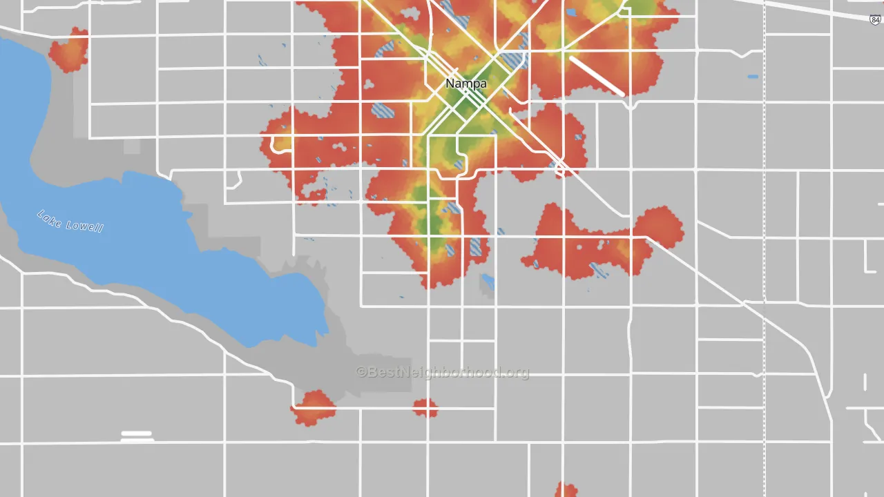 Walk Grade map of 83686, ID, walkable areas in green and car-dependent areas in red