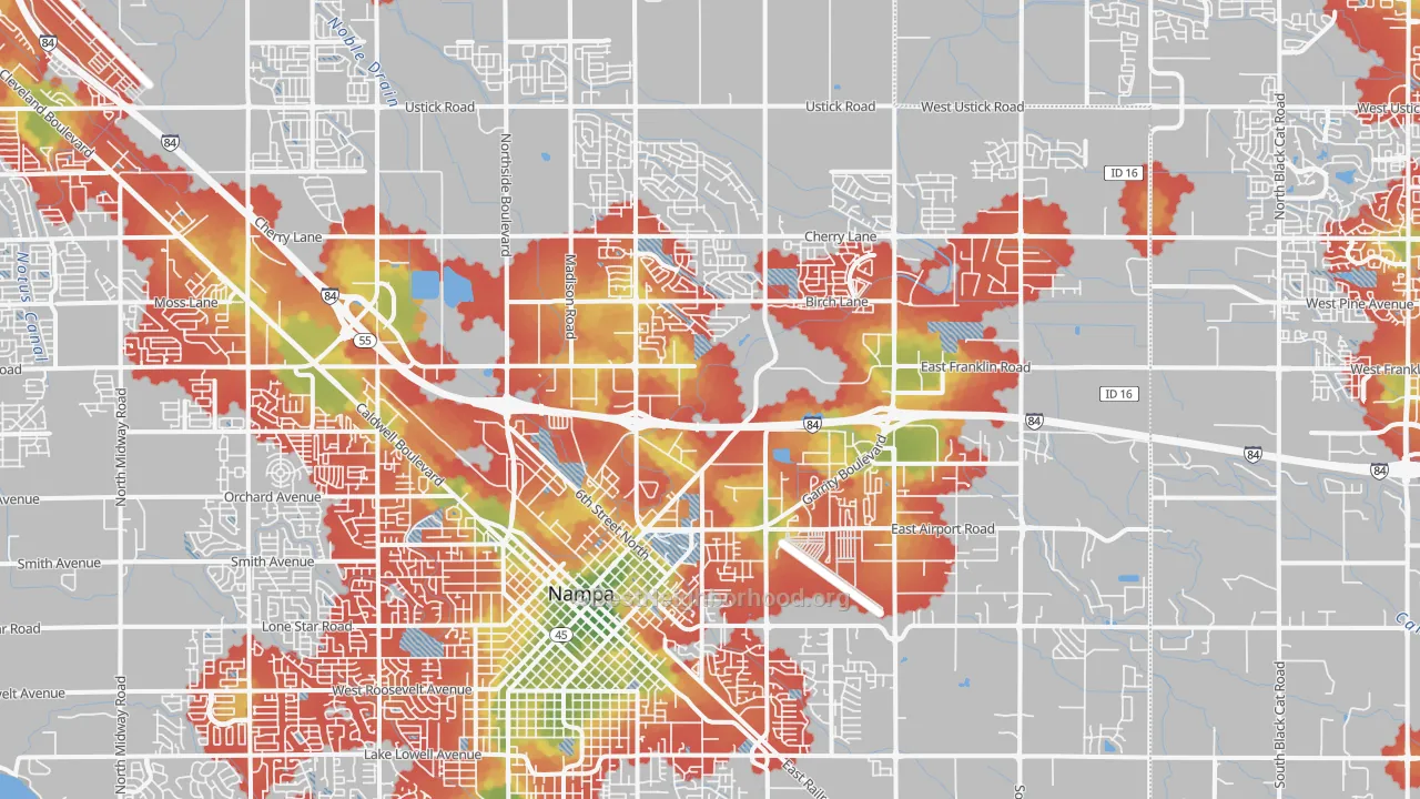 Walk Grade map of 83687, ID, walkable areas in green and car-dependent areas in red