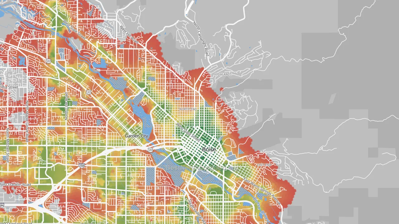 Walk Grade map of 83702, ID, walkable areas in green and car-dependent areas in red