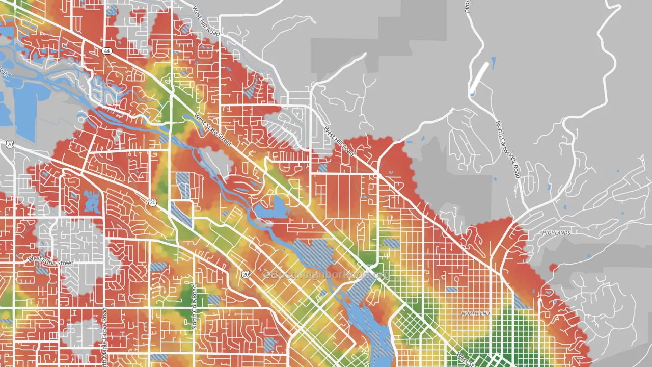 Walk Grade map of 83703, ID, walkable areas in green and car-dependent areas in red