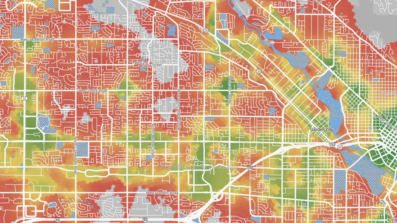 Walk Grade map of 83704, ID, walkable areas in green and car-dependent areas in red