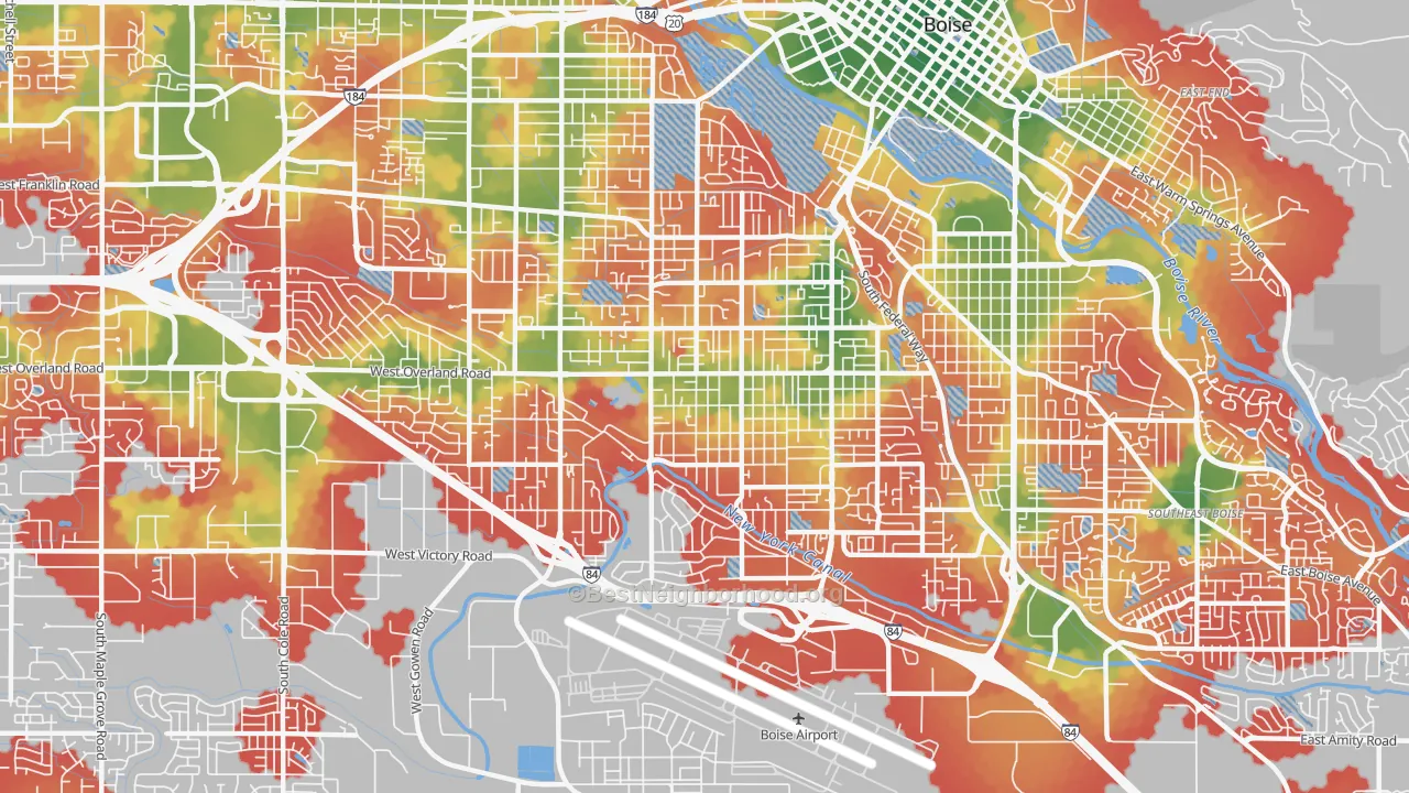 Walk Grade map of 83705, ID, walkable areas in green and car-dependent areas in red