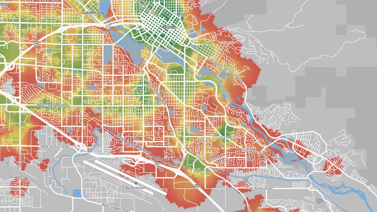 Walk Grade map of 83706, ID, walkable areas in green and car-dependent areas in red