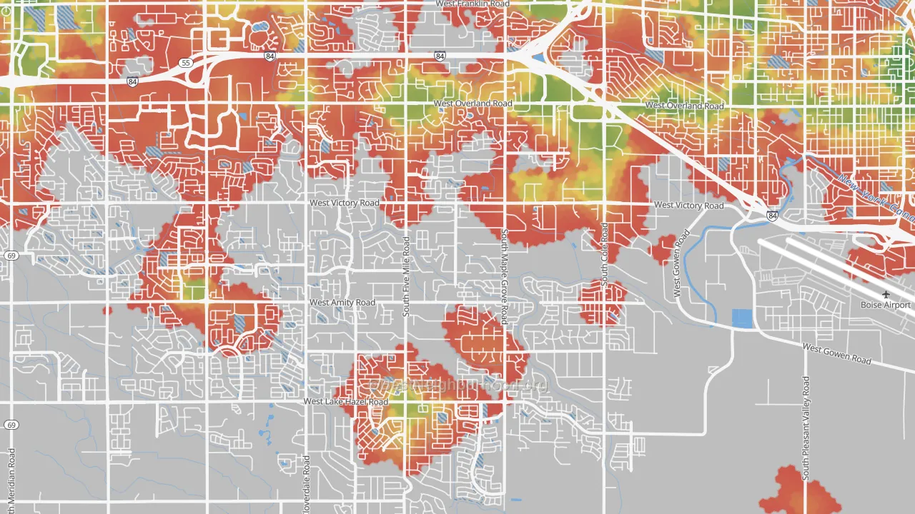 Walk Grade map of 83709, ID, walkable areas in green and car-dependent areas in red