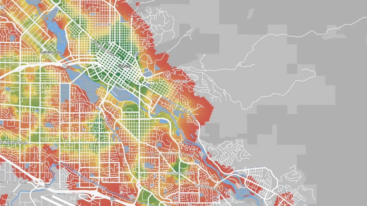 Walk Grade map of 83712, ID, walkable areas in green and car-dependent areas in red