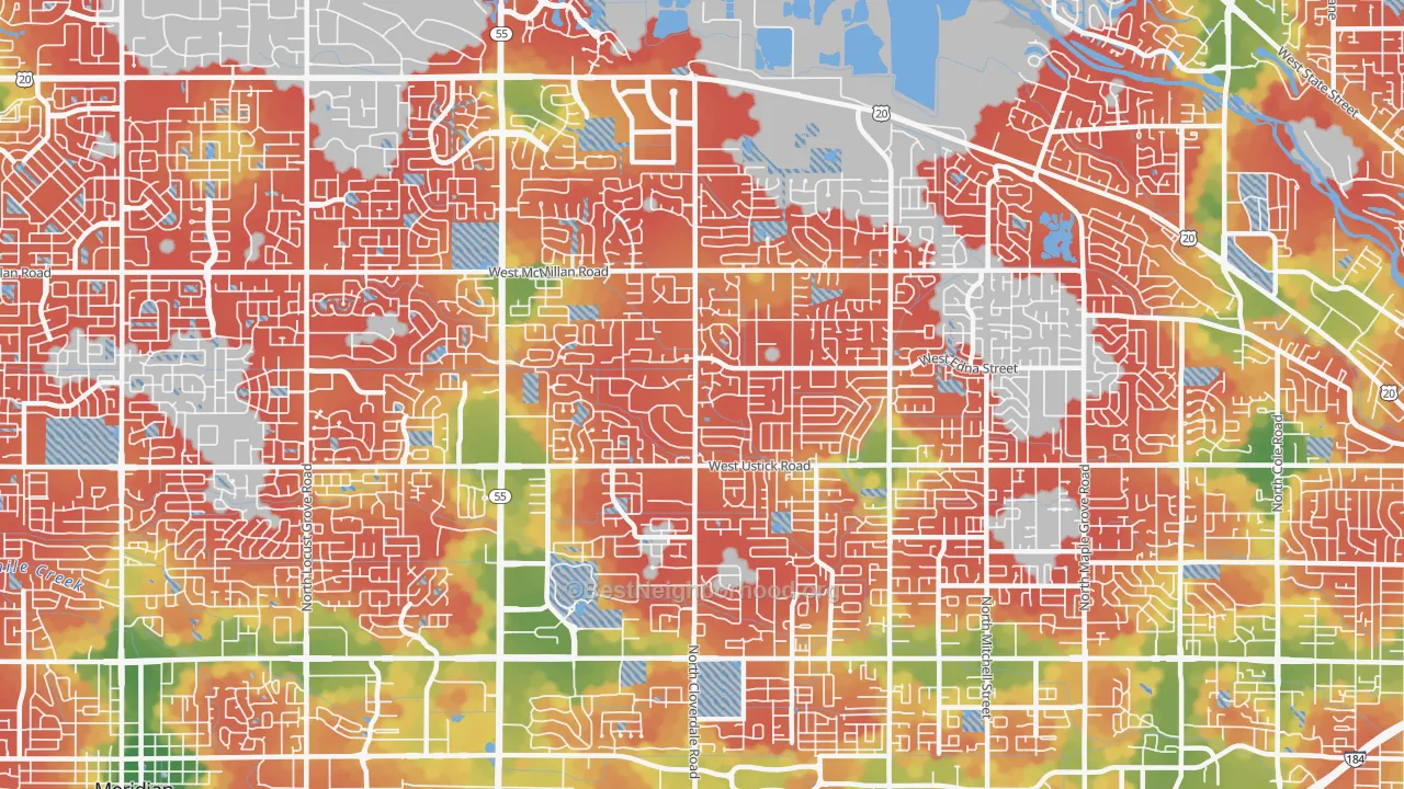 Walk Grade map of 83713, ID, walkable areas in green and car-dependent areas in red