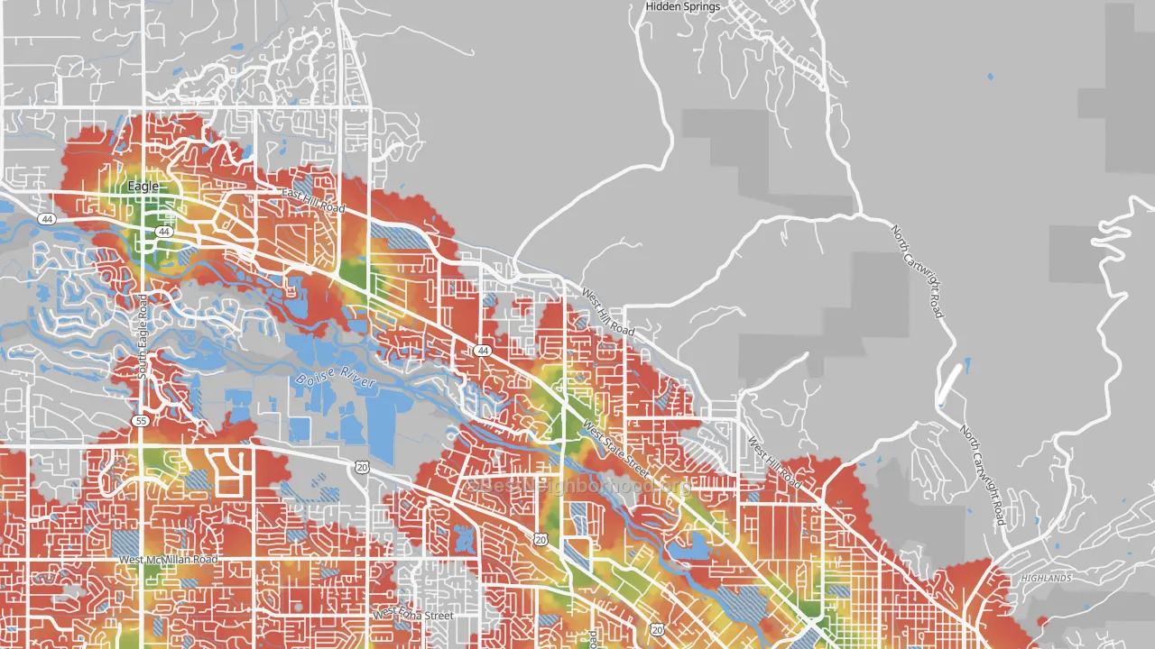 Walk Grade map of 83714, ID, walkable areas in green and car-dependent areas in red