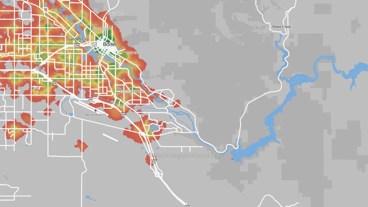 Walk Grade map of 83716, ID, walkable areas in green and car-dependent areas in red