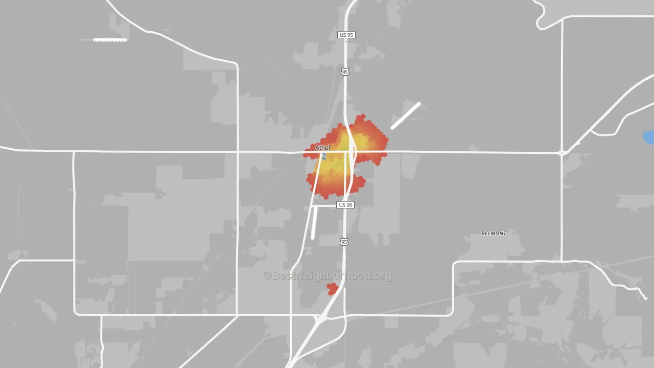 Walk Grade map of 83801, ID, walkable areas in green and car-dependent areas in red