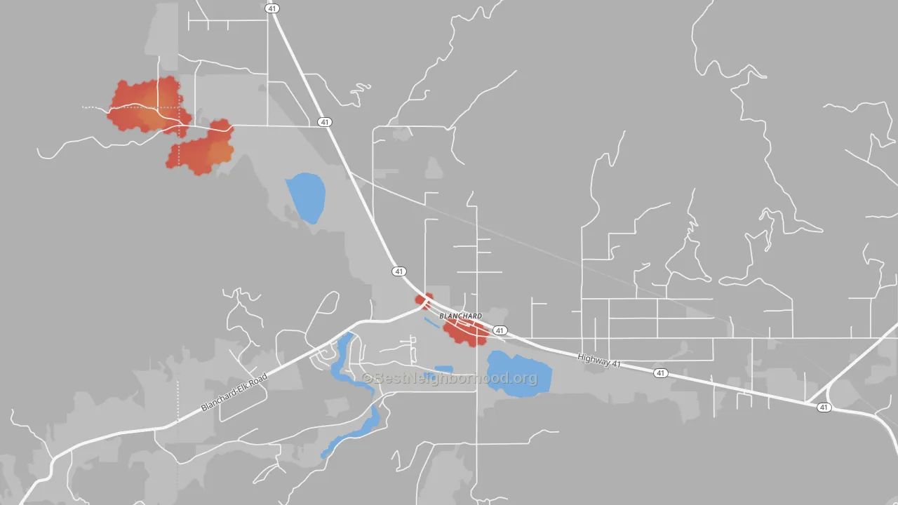 Walk Grade map of 83804, ID, walkable areas in green and car-dependent areas in red