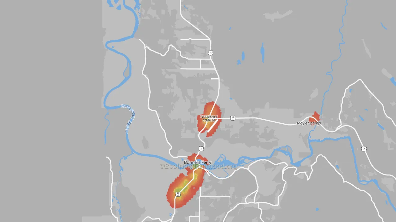 Walk Grade map of 83805, ID, walkable areas in green and car-dependent areas in red