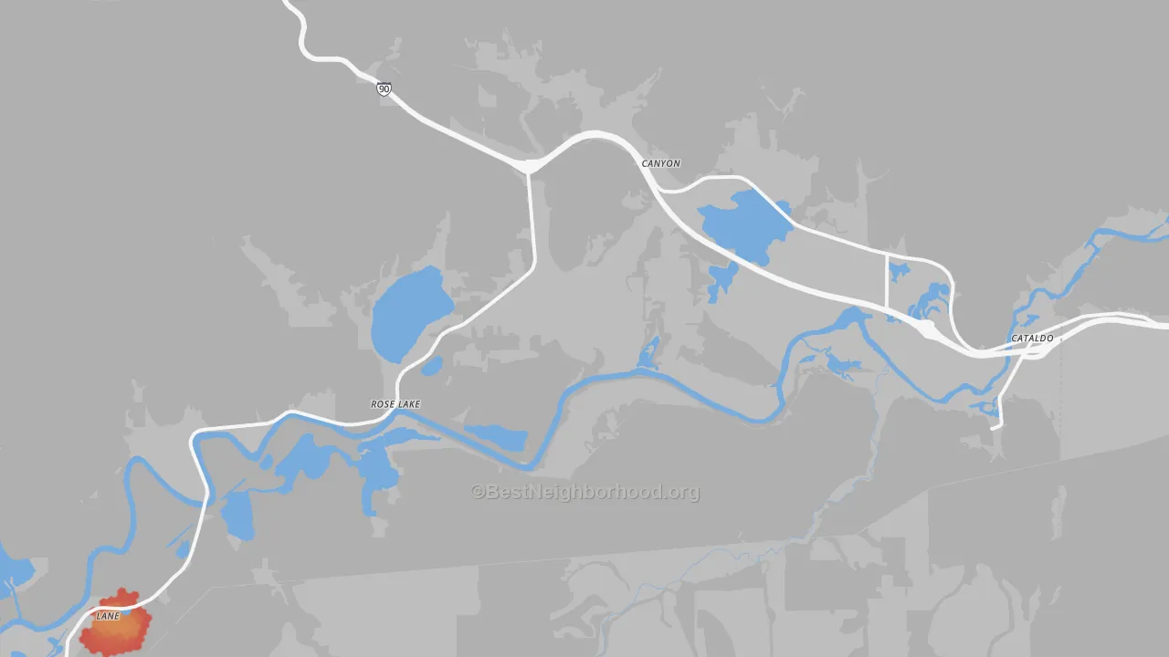 Walk Grade map of 83810, ID, walkable areas in green and car-dependent areas in red
