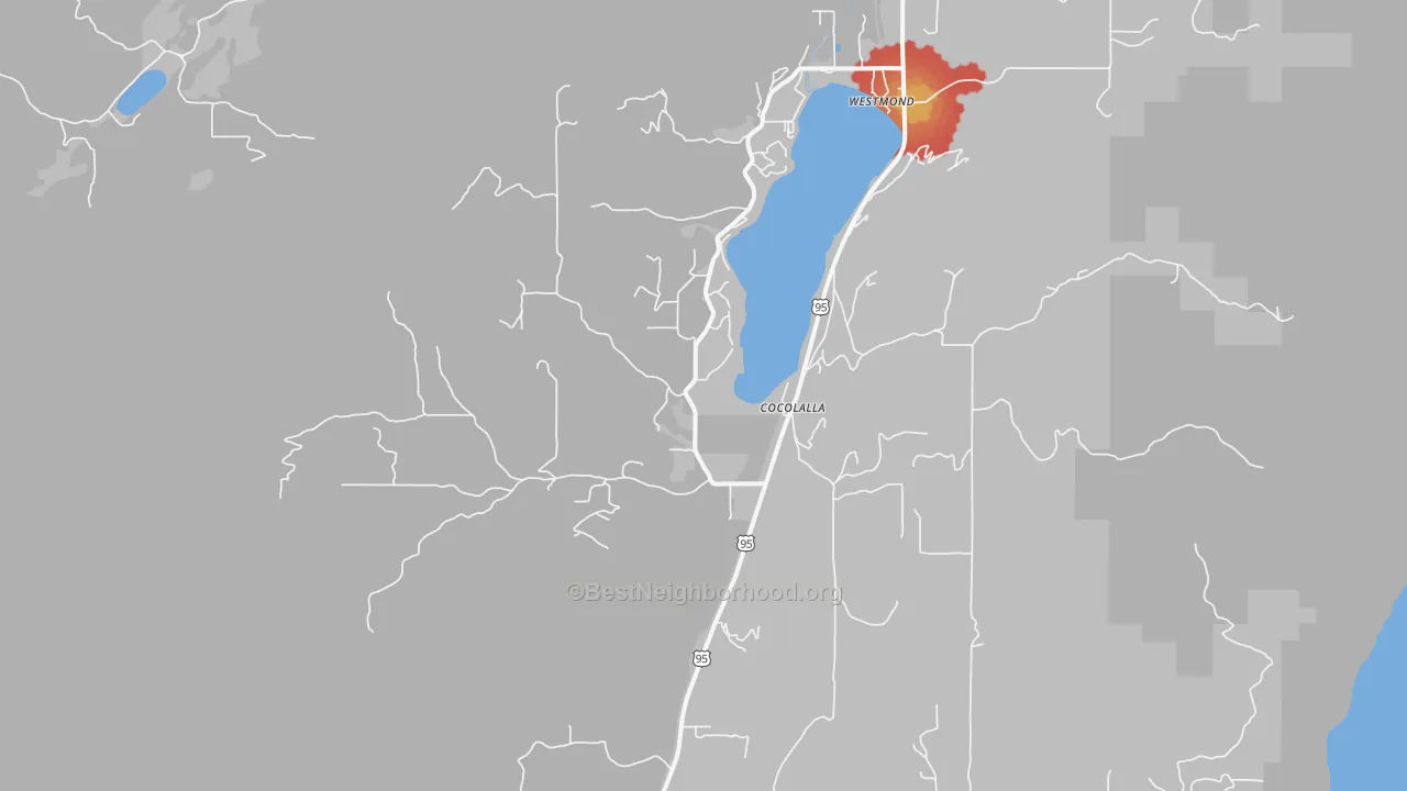 Walk Grade map of 83813, ID, walkable areas in green and car-dependent areas in red