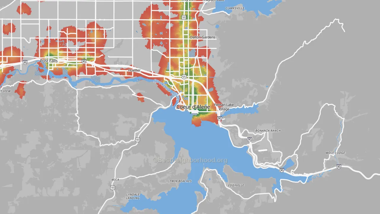 Walk Grade map of 83814, ID, walkable areas in green and car-dependent areas in red