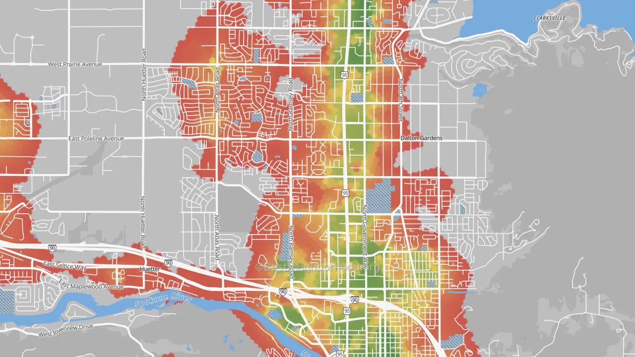 Walk Grade map of 83815, ID, walkable areas in green and car-dependent areas in red
