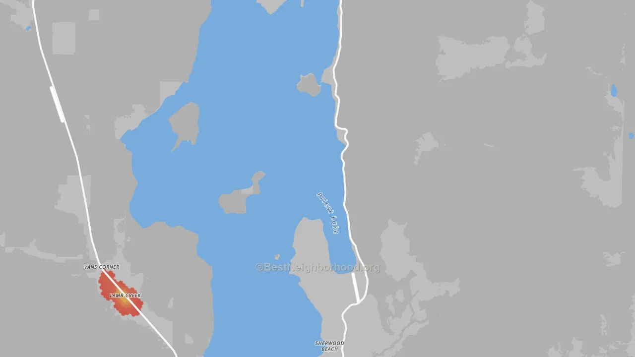 Walk Grade map of 83821, ID, walkable areas in green and car-dependent areas in red