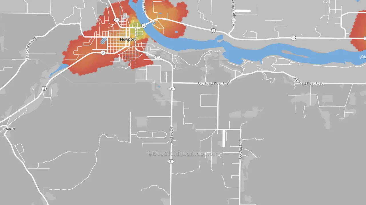 Walk Grade map of 83822, ID, walkable areas in green and car-dependent areas in red