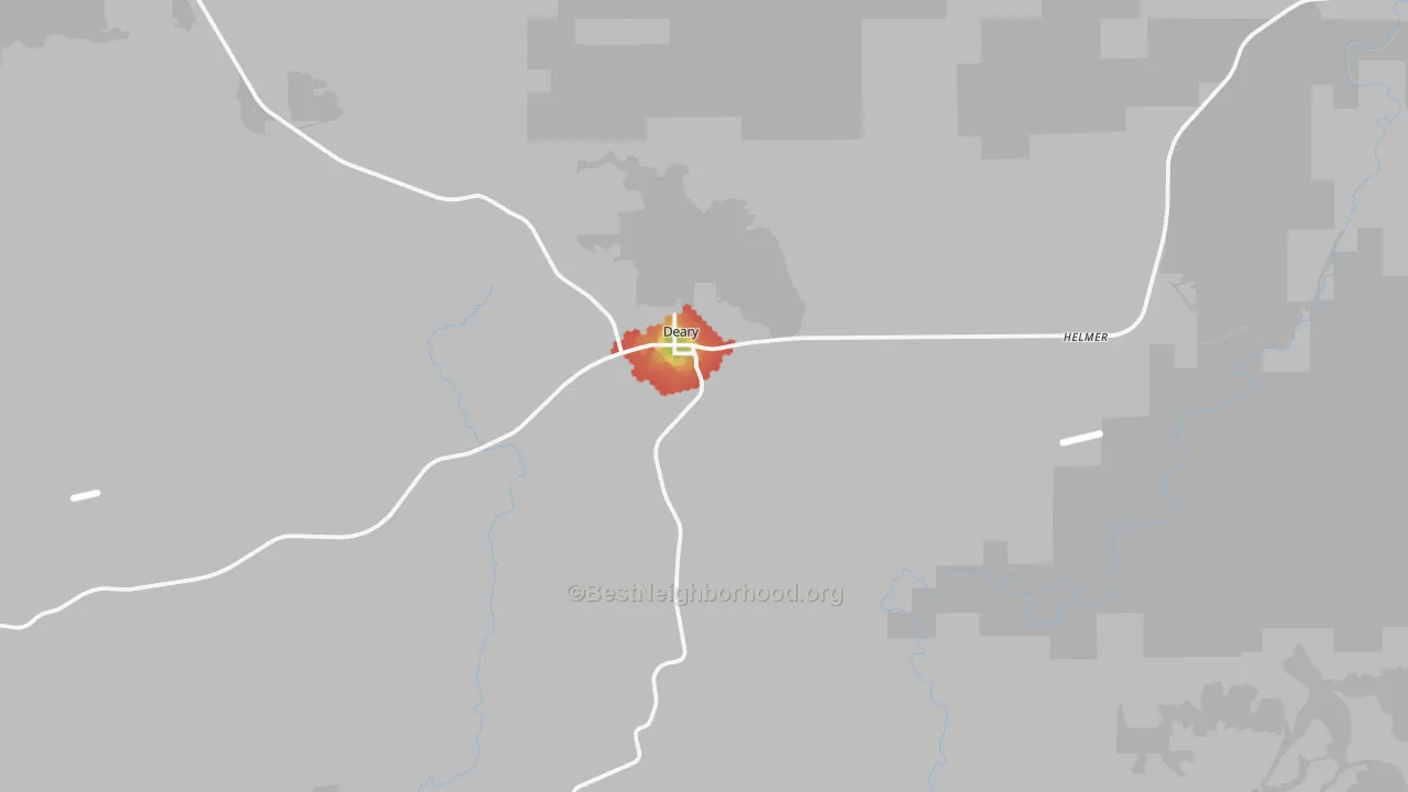 Walk Grade map of 83823, ID, walkable areas in green and car-dependent areas in red