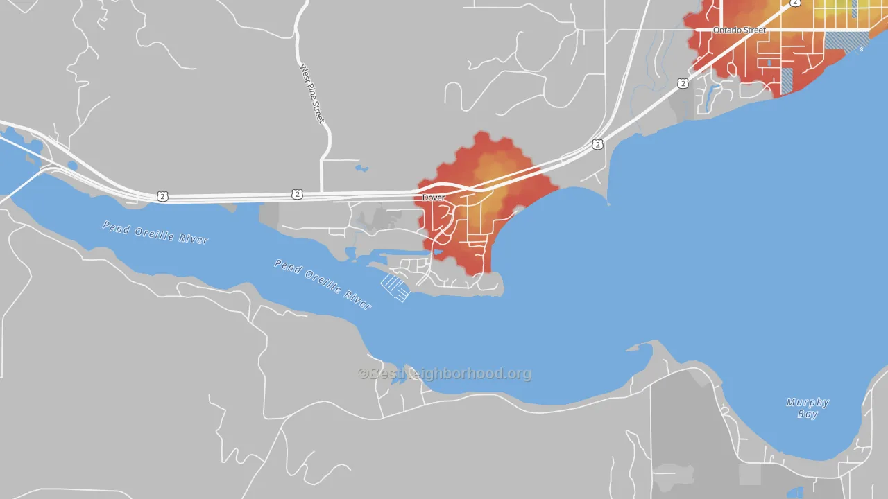 Walk Grade map of 83825, ID, walkable areas in green and car-dependent areas in red