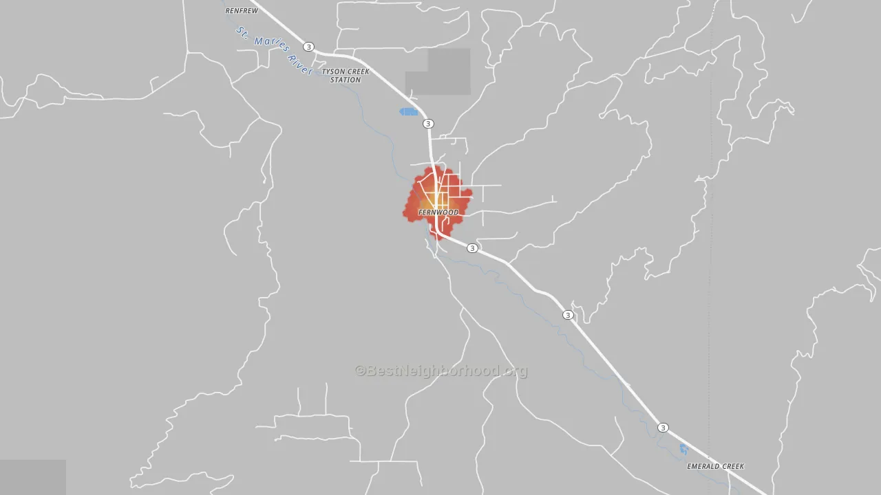 Walk Grade map of 83830, ID, walkable areas in green and car-dependent areas in red