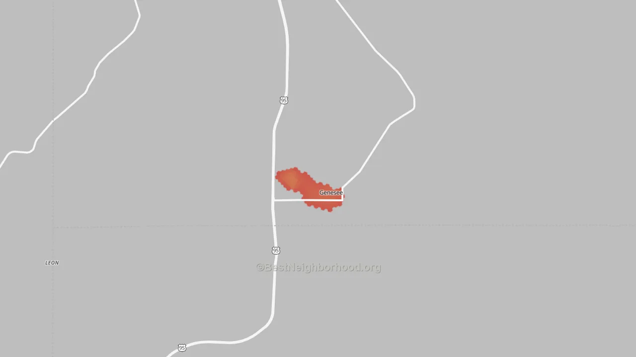 Walk Grade map of 83832, ID, walkable areas in green and car-dependent areas in red
