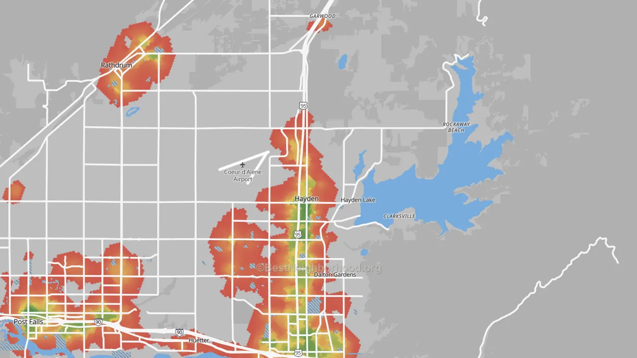 Walk Grade map of 83835, ID, walkable areas in green and car-dependent areas in red