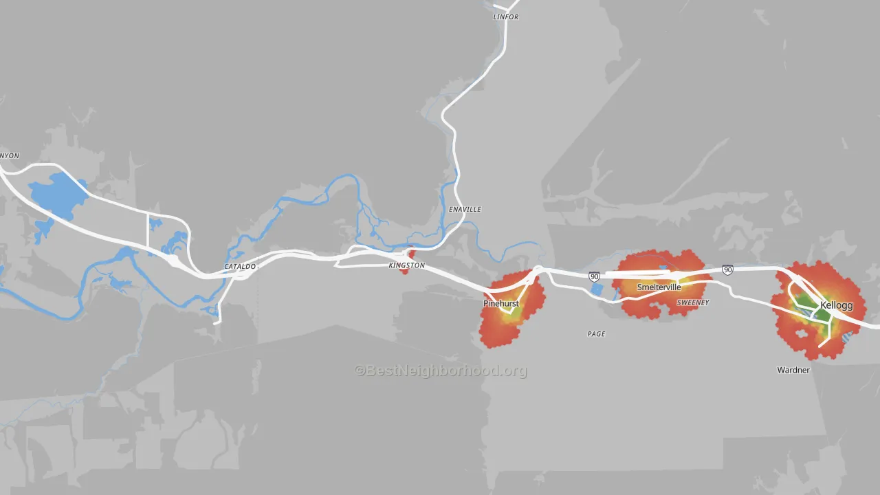 Walk Grade map of 83839, ID, walkable areas in green and car-dependent areas in red