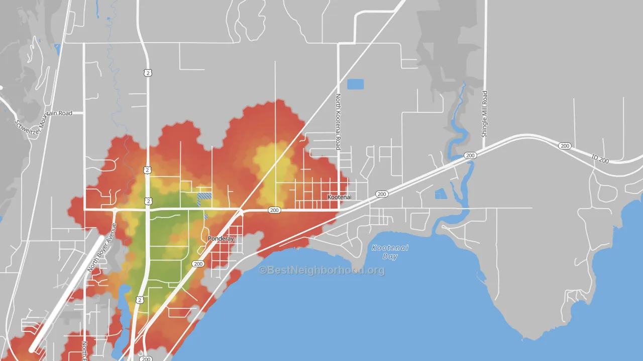 Walk Grade map of 83840, ID, walkable areas in green and car-dependent areas in red