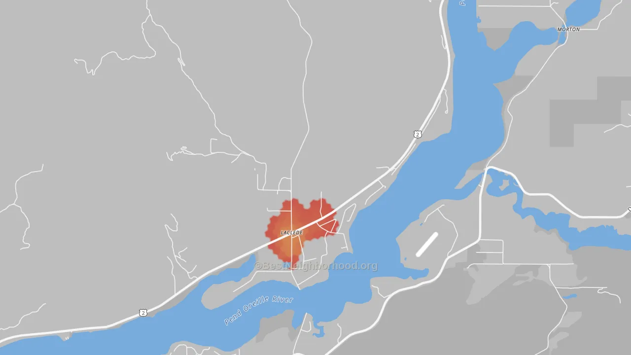 Walk Grade map of 83841, ID, walkable areas in green and car-dependent areas in red