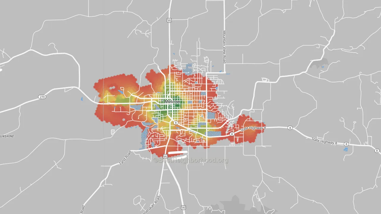 Walk Grade map of 83843, ID, walkable areas in green and car-dependent areas in red