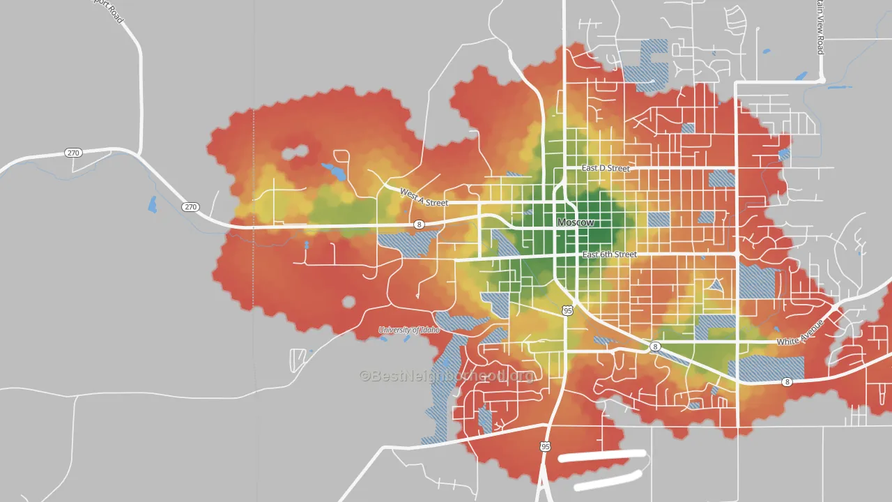 Walk Grade map of 83844, ID, walkable areas in green and car-dependent areas in red