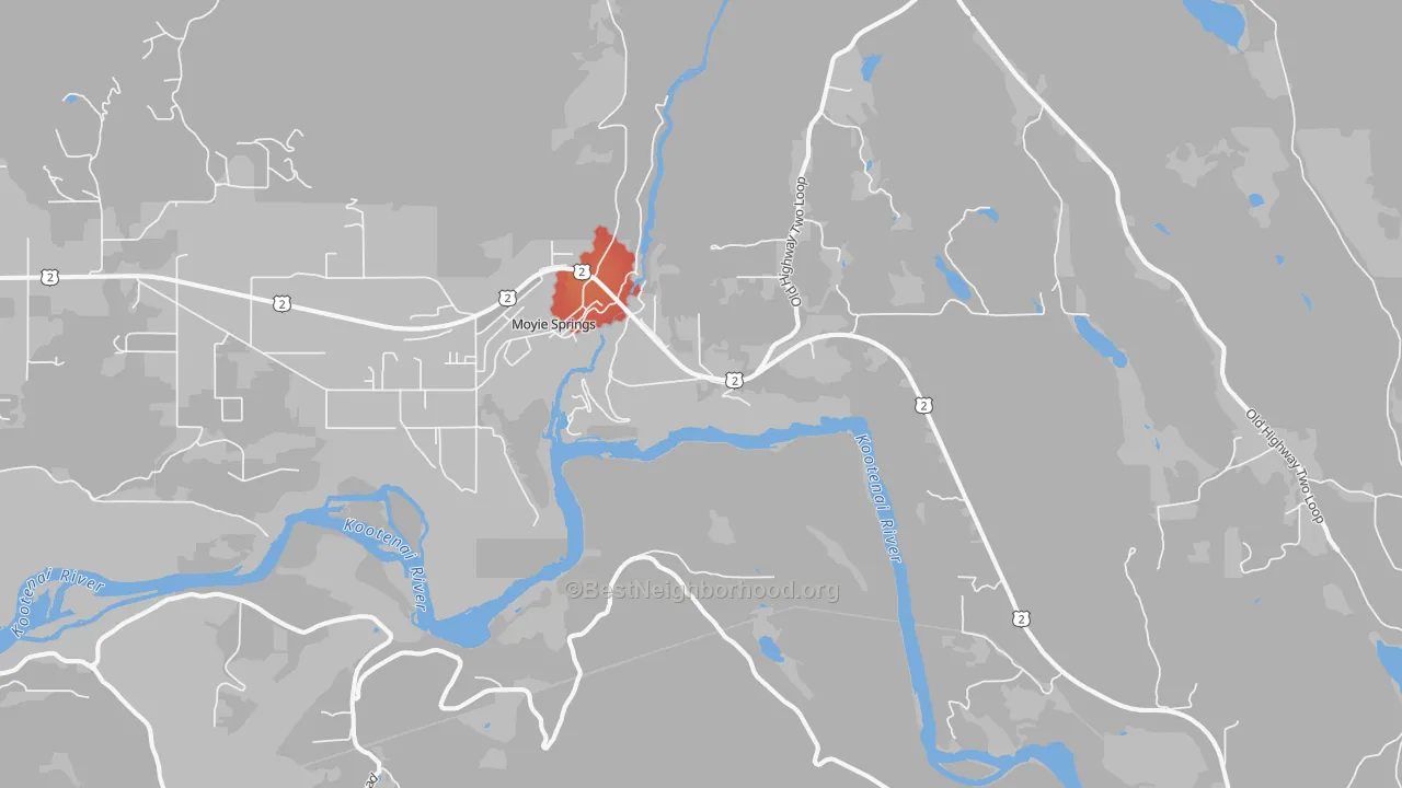 Walk Grade map of 83845, ID, walkable areas in green and car-dependent areas in red
